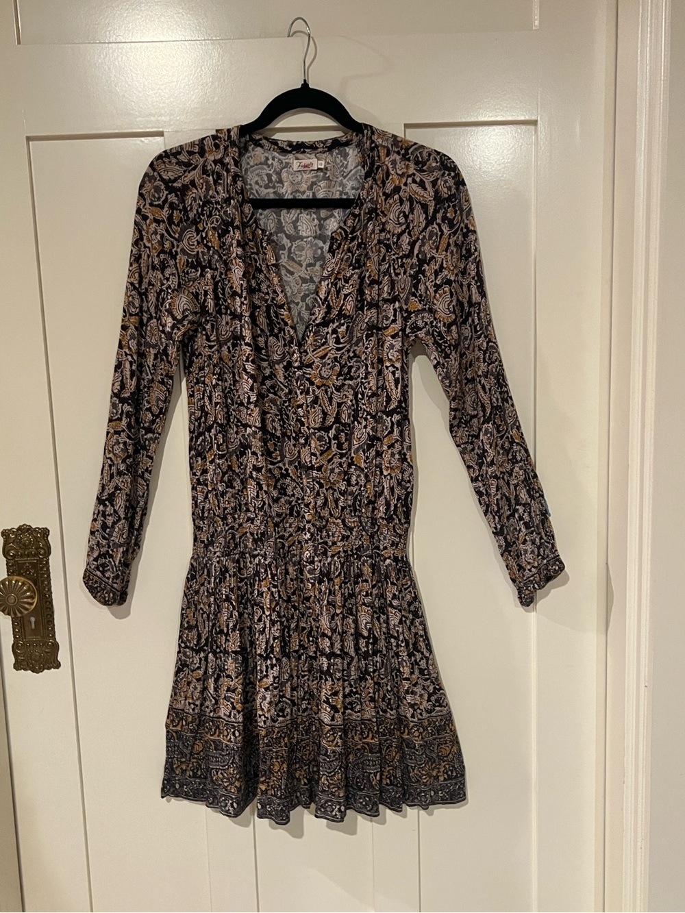 Faherty Fit & Flare V-Neck Long Sleeve Floral Mini Dress Black Size S Viscose
